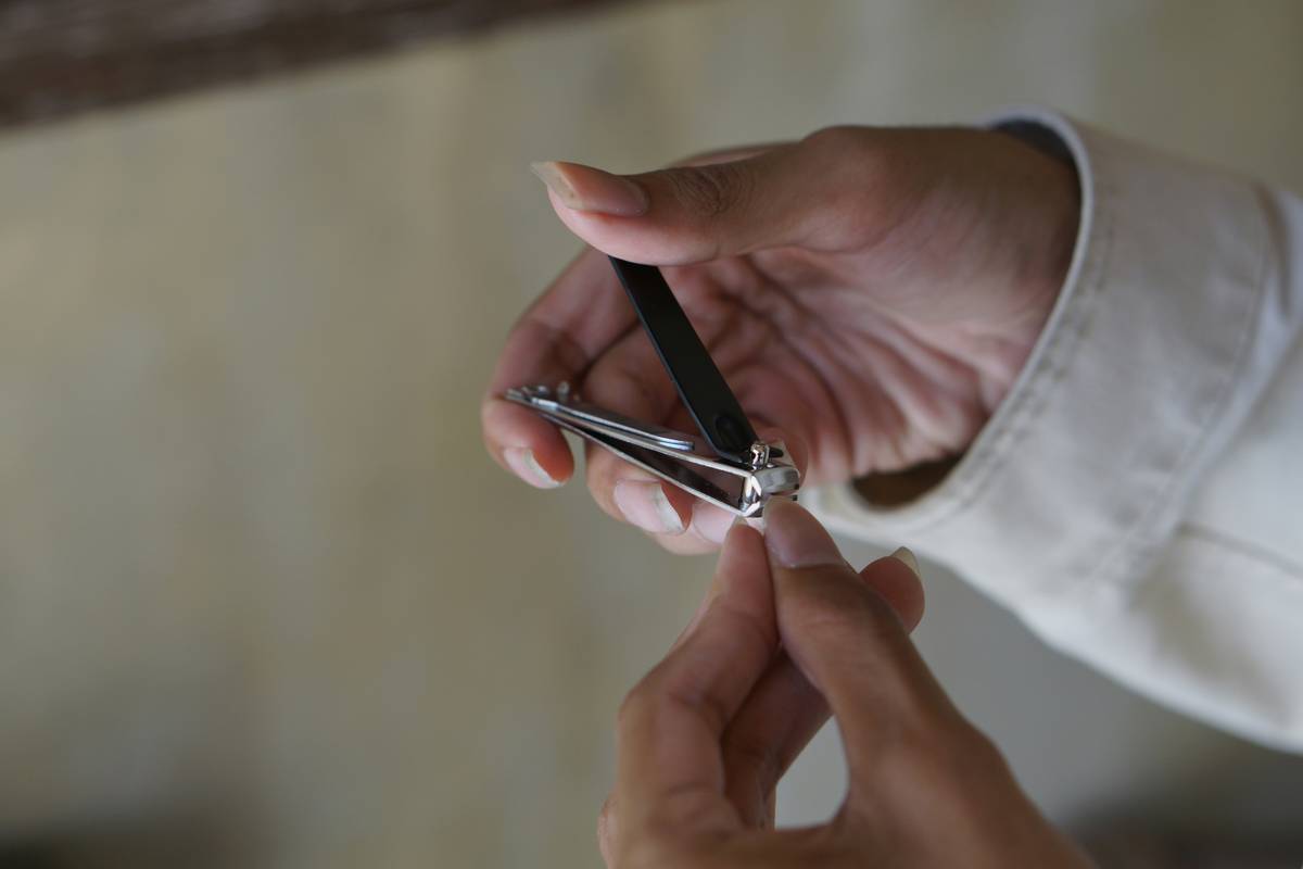 Close-up of professional brow shaping tool trimming eyebrow hairs with precision